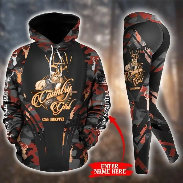 Custom Name Red and Black Deer Camo Hoodie and Leggings Set – Personalized Country Girl Hunting Outfit for Women, Outdoor Sportswear Gift