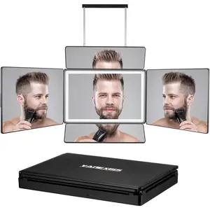 Rechargeable 5 Way Mirror for Hair , Real Glass Adjustable Trifold Mirror with Light & Telescoping Hooks for Makeup & Styling - Portable DIY Tool to Cut, Trim or Shave Your  & Neckline
