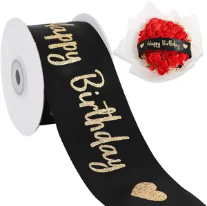 Glitter Black Happy Birthday Satin Ribbon 2 Inch x 10 Yards Wide Printed Shiny Ribbon for Gift Wrapping,Flower Bouquet Decoration,Crafts,Banner Making and Party Supply