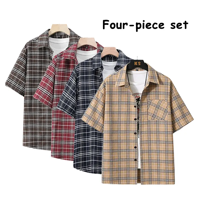 Men’s multicolor plaid short-sleeve shirts, 4-piece set, lapel button-up casual summer shirts for outdoor daily wear