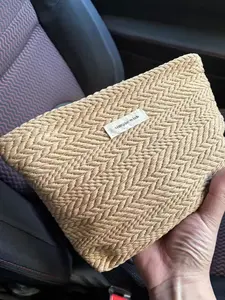 Elegant Herringbone Woven Handbag, Zipper Makeup Bag, Compact Square Design, Ideal for Travel and Daily Use, Essential Holiday Makeup Bag for Women