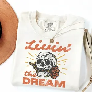 Livin' The Dream T-Shirt | Comfort Colors Graphic Tee Skull and Flower Graphic Tee Soft Cotton T-Shirt Streetwear Unisex