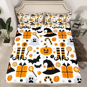 Happy Halloween Bedding Sheets,Cartoon Broom Pumpkin Bed Sheet Set,Cute Hat Bat Decor Bedding Fitted Sheet,White Black Orange Bed Cover,No Top Sheet