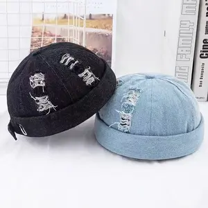 Beanie Hat for men woman Fashion Skull cap etro Ripped washed cowboy hat korean hiphop cap