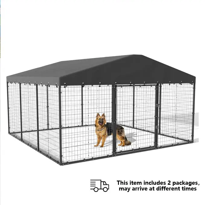 [2 packages delivery] Kullavik Large outdoor dog kennel, chicken kennel, 118" x 118" x 70.9", heavy duty dog ​​cage, chicken cage with roof, galvanized steel dog kennel fence with double safety lock