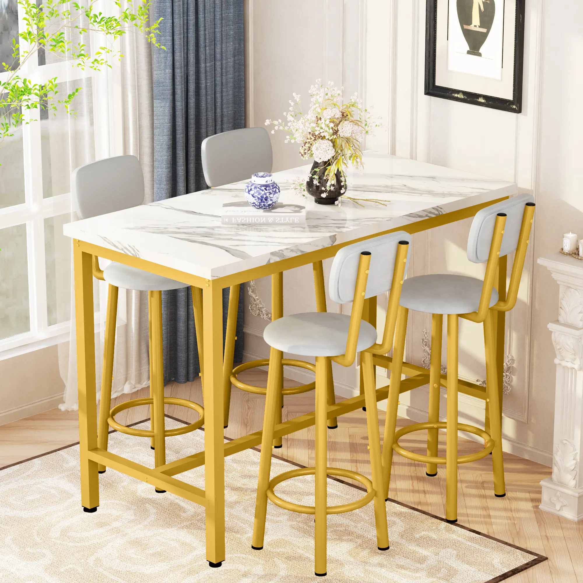 AWQM Dining Table Set for 4 Bar Table and Chairs Set with Faux Marble Counter Height Table, 4 PU Upholstered Stools, Kitchen & Wine Features