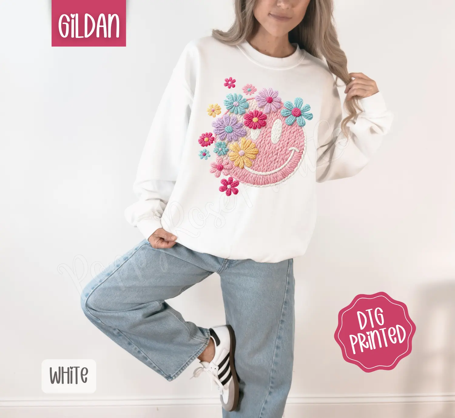 FAUX Knit Floral Smiley Sweatshirt, Trendy Women's Crewneck