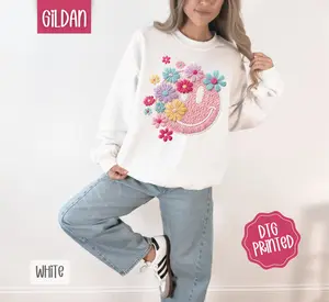 FAUX Knit Floral Smiley Sweatshirt, Trendy Women's Crewneck