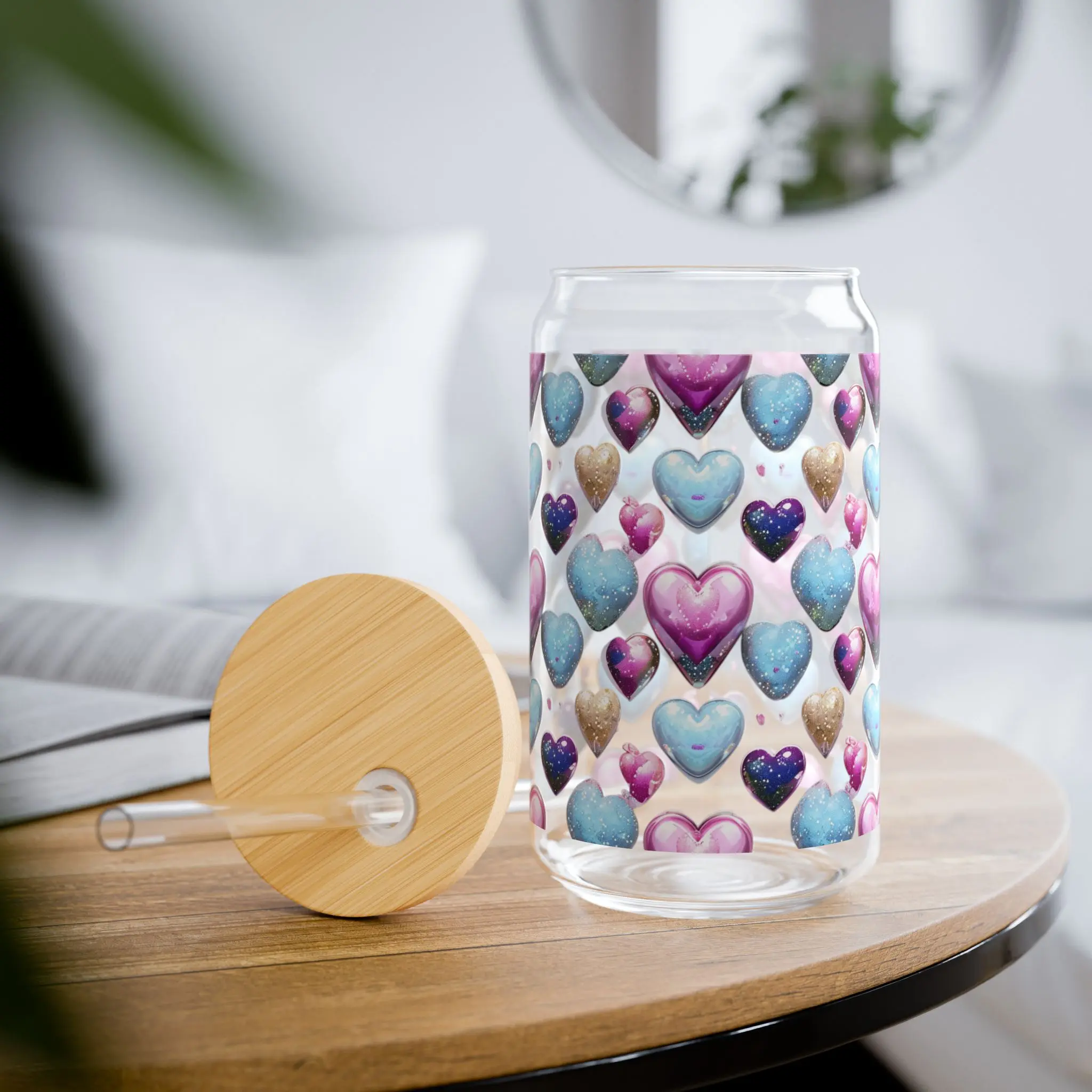 Valentines Hearts Sipper Glass - Romantic Drinkware, Love Theme Cup, Valentine's Day Gift, Heart Pattern Tumbler, Date Night Glassware