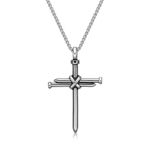American Stainless Steel Cross Nail Necklace Mens Christian Simple Titanium Steel Cross Pendant