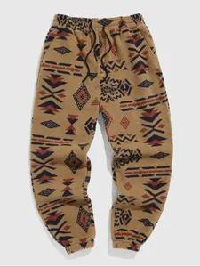 VYX Men's Random Ethnic Pattern Drawstring Waist Thermal Pants, Loose Casual Pocket Design Bohemian Street Trousers for Fall & Winter, Men's Bottoms for Daily Wear