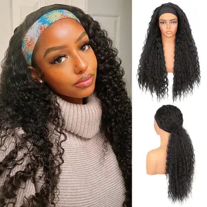 Headband Deep Wave Synthetic Wig 24 Inches Deep Wave Wigs for Women Glueless None Lace Wig with Headband Attached Synthetic Wigs