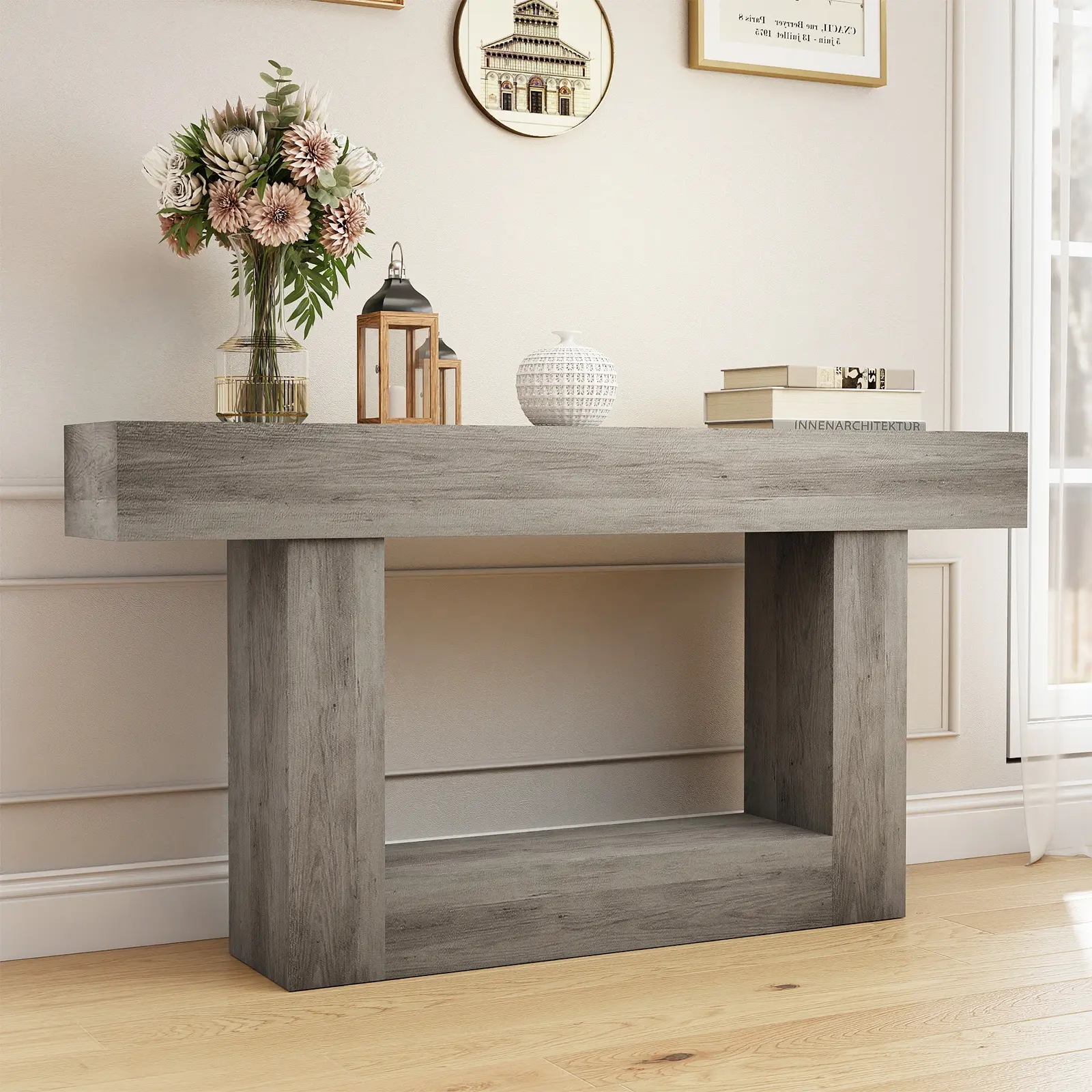 Veryke 63-Inch Adjustable Farmhouse Console Table - Rectangular Retro Sofa Table for Living Room, Entryway Use, Adjustable Sofa Table