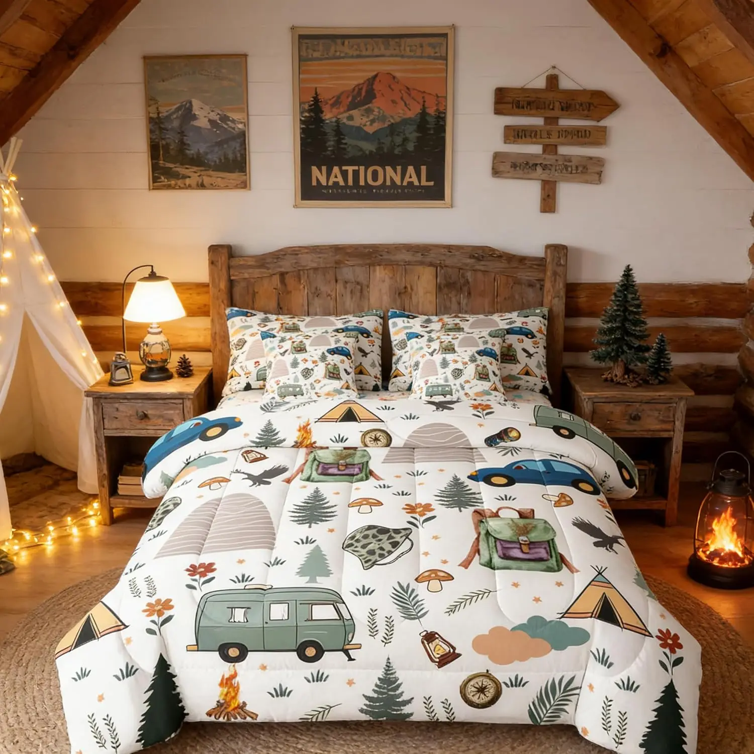 Camper Theme Comforter Set With Sheets 7 Piece Happy Camping Bedding Set Car Rv Accessories Bed in a Bag Mountain Adventure Room Decor Soft Lightweight Microfiber