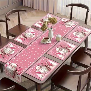 Rectangle Linen Pink Santa Table Runner Set, Reindeer-Designed, Washable Farmhouse Holiday Dining Party Decoration Gift
