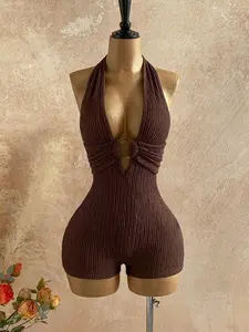 VRONA White Textured Knit Backless Jumpsuit Round Ring Decor Holiday Outfit Clean Girl Aesthetic