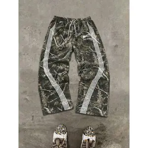 Men's Camo Joggers Pants, Three Stripes High Street Loose Fit Straight Leg, Comfortable Fabric, Casual Fashion for Spring & Fall