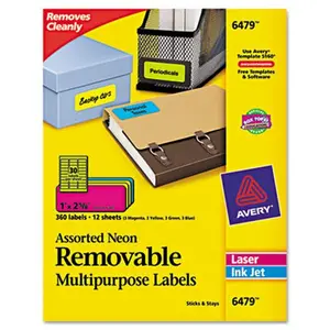 Avery Removable Self-Adhesive Color-Coding Labels- 1 x 2.63- Assorted Neon- 360-Pack