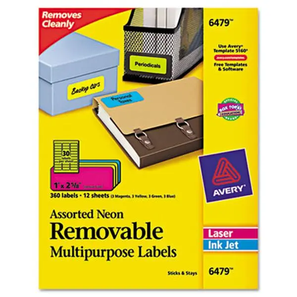 Avery Removable Self-Adhesive Color-Coding Labels - 1x2.63 in, Assorted Neon Colors, Removes Cleanly, 360-Pack for Office Stationery Supplies