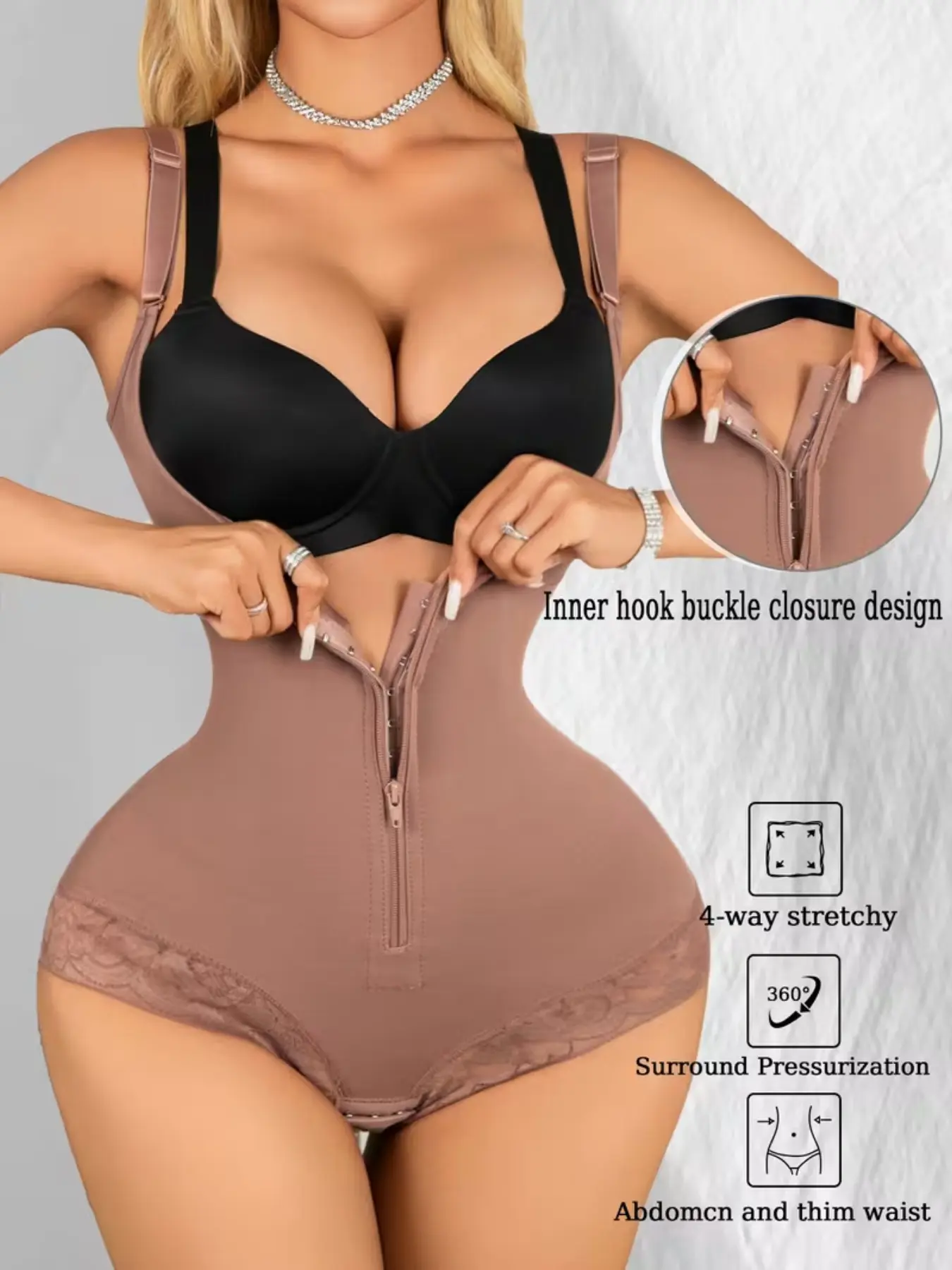 1 Count Women's Sexy Lace Open Bust Designed Fit Snugly Body Shaper, Fajas, Colombian Shapewear, Strong Support Solid Front Zipper And Button Closure Shapewear Bodysuit, Tummy Control And Hip Lifting Jumpsuit, Suitable For Training Or Sports, Compression