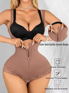 1 Count Women's Sexy Lace Open Bust Designed Fit Snugly Body Shaper, Fajas, Colombian Shapewear, Strong Support Solid Front Zipper And Button Closure Shapewear Bodysuit, Tummy Control And Hip Lifting Jumpsuit, Suitable For Training Or Sports