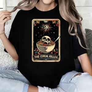 The Cereal Killer Graphic T-Shirt - Black Short Sleeve Crewneck, 100% Cotton, Vibrant Tarot Card & Horror Movie Design, All-Season Casual Wear, Perfect Gift for Men, Women, Dad, Mom, Best Friend, Funny T Shirts