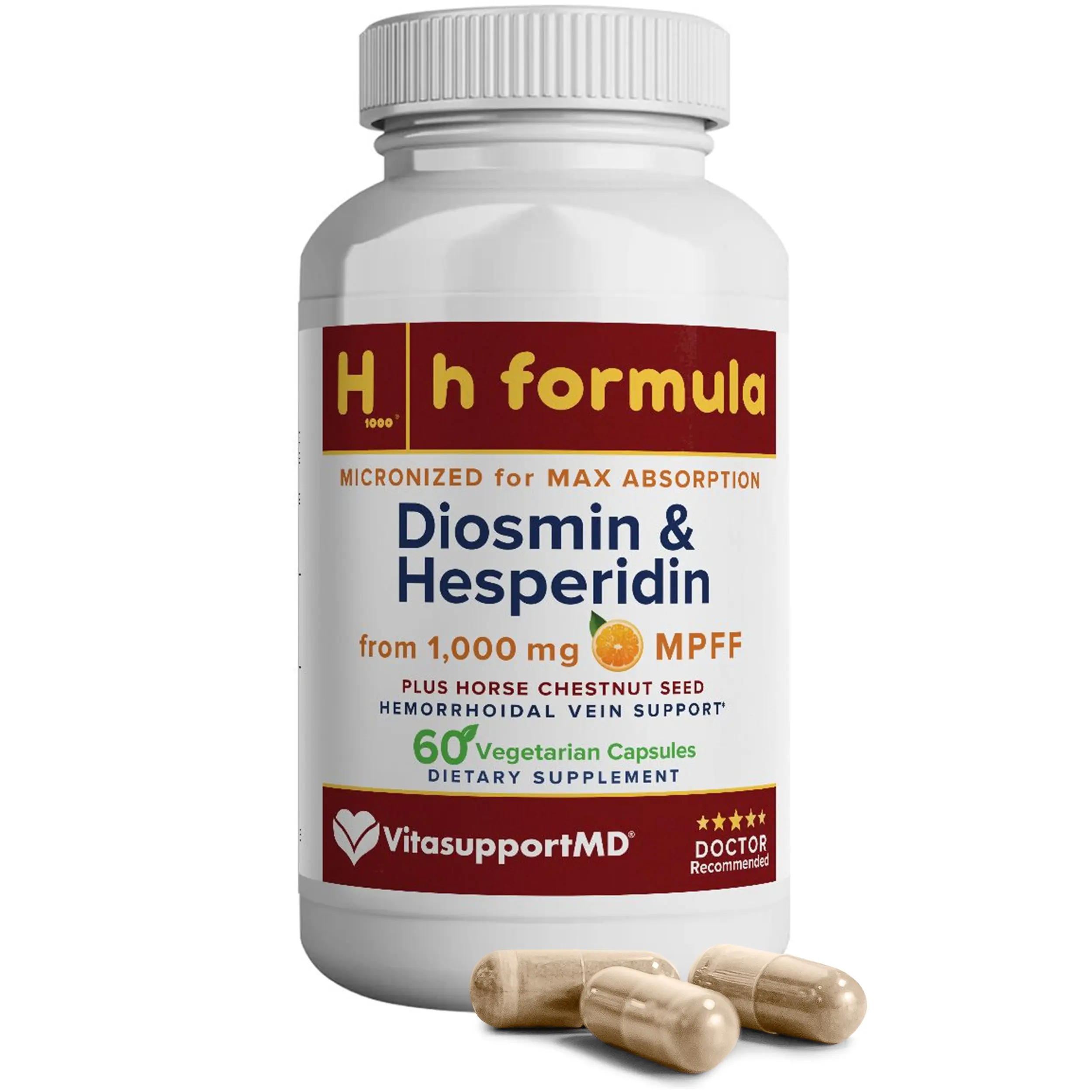 H Formula Diosmin Hesperidin 1000mg & Horse Chestnut Seed 300mg for Hemorrhoidal Vein Support, Micronized Bioflavonoids for Circulation Support, Dietary Supplement, 60 Capsules