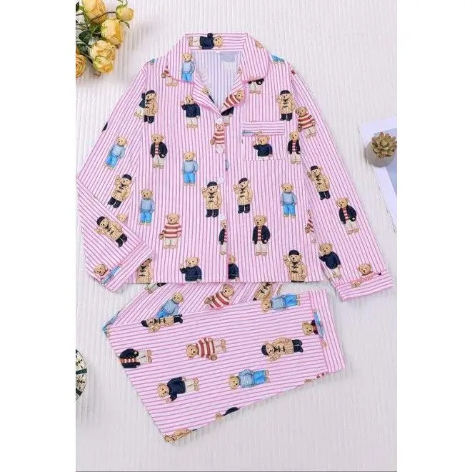 Women's Fall Winter Teddy Bear Pajama Set, Cute Bear Print Loungewear, Comfortable Lapel Top & Elastic Pants, Casual Home Wear, Ladies Sleepwear Series, Valentine's Gift