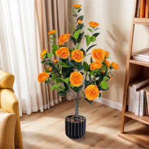 8Artificial Camellia Tree 2 Pack, 36"Faux Camellia Plant in Pot with Orange Flowers, Greenery Potted Plant for Indoor Outdoor Office Home Porch Decor, Orange