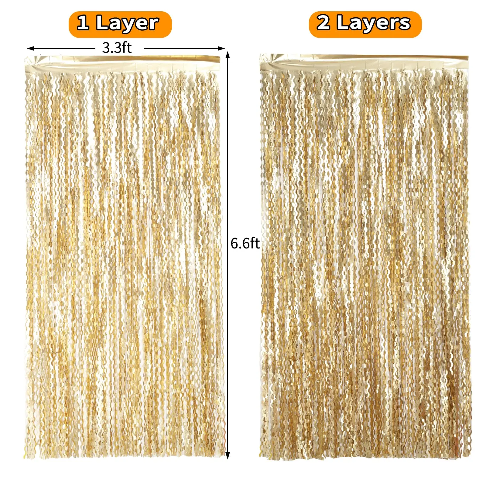 Aluminium Gold Metallic Wavy Tinsel Foil Fringe Pack - 4 Pcs 3.3ft x 6.6ft Mountable Photo Booth Backdrop Streamer Props, Party Decoration Supplies for Engagement, Ceremony, Doors