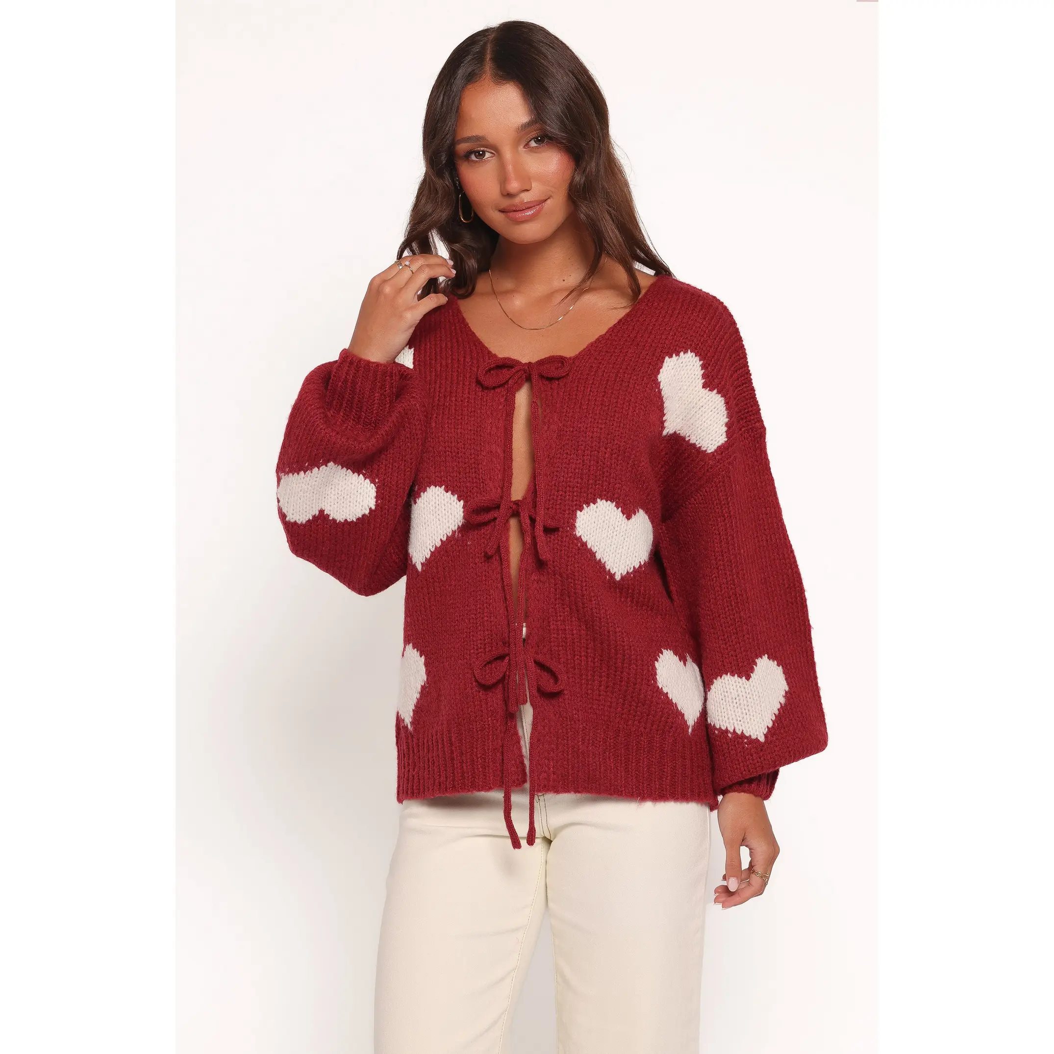 Nadine All Over Heart Tie Front Cardigan - Wine