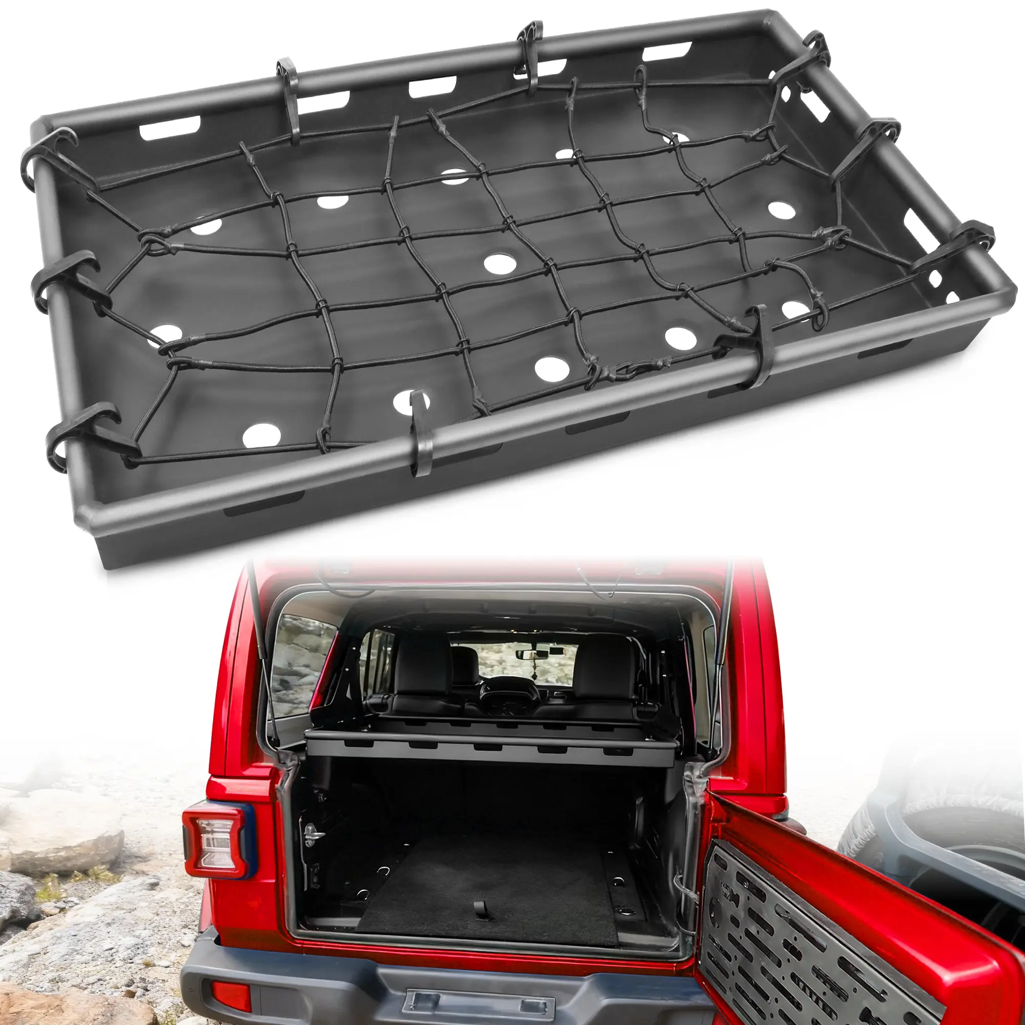 MONOKING Interior Cargo Shelf for 2007-2018 Jeep Wrangler JK JKU 4 Door Hardtop, 61.125 in Rear Storage Rack, 350 lb Capacity, No-Drill Overhead Organizer with Bungee Net