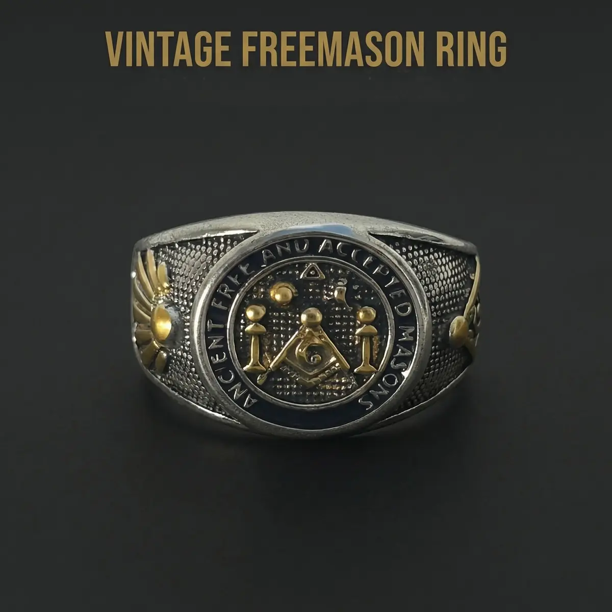Men's Vintage Freemason Masonic Biker Band Ring - "Free & Accepted Masons" Fashion Costume Jewelry, 19g Weight, 20mm Width Band Rings