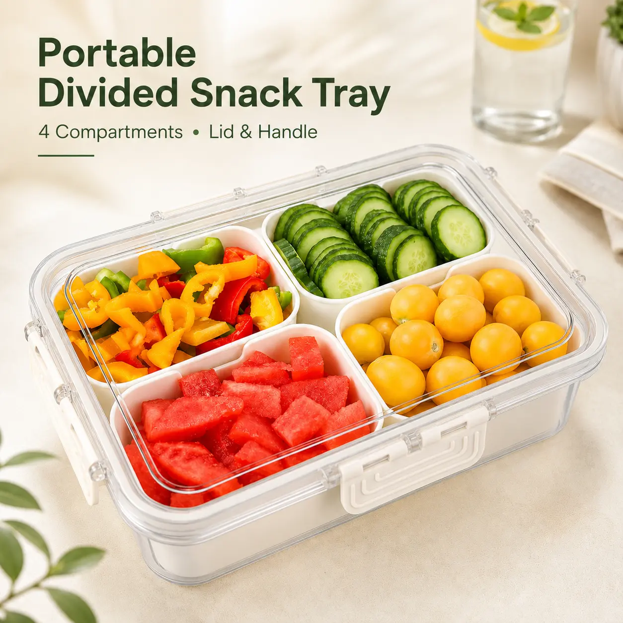 MIUVA Divided Snackle Box with Detachable Lid, 4 Removable Compartments, Airtight Leakproof Clip Lock Bento Box-Shaped Food Storage Organizer, Portable Preserving Container for Meal Prep, Fruits, Airtight Food Storage