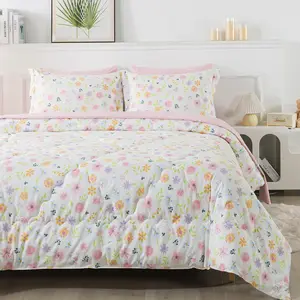 Floral Comforter Set Bed in A Bag Queen Size 7 Piece Botanical Flower Green Leaves Rabbits Bedding Set for Girls (1 Comforter, 1 Flat Sheet, 1 Fitted Sheet, 2 Pillowcase and 2 Pillow Sham)