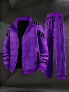 Men's Purple Geometric Print Tracksuit | Zip-Up Jacket & Jogger Set with Striped Accents