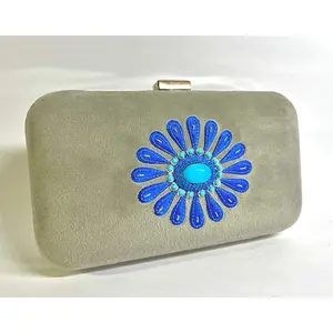 GREY VELVET BOX CLUTCH WITH SILK EMBROIDERY AND SEMI-PRECIOUS STONES