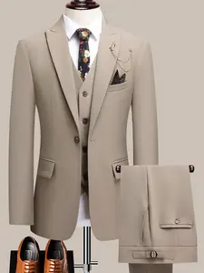 The Latest Men's Solid Color Suit Two-Piece Set With Lapel Collar And Double Breasted Buttons For Four Seasons, Men's Business Suit, Formal Business Casual Wedding Dress