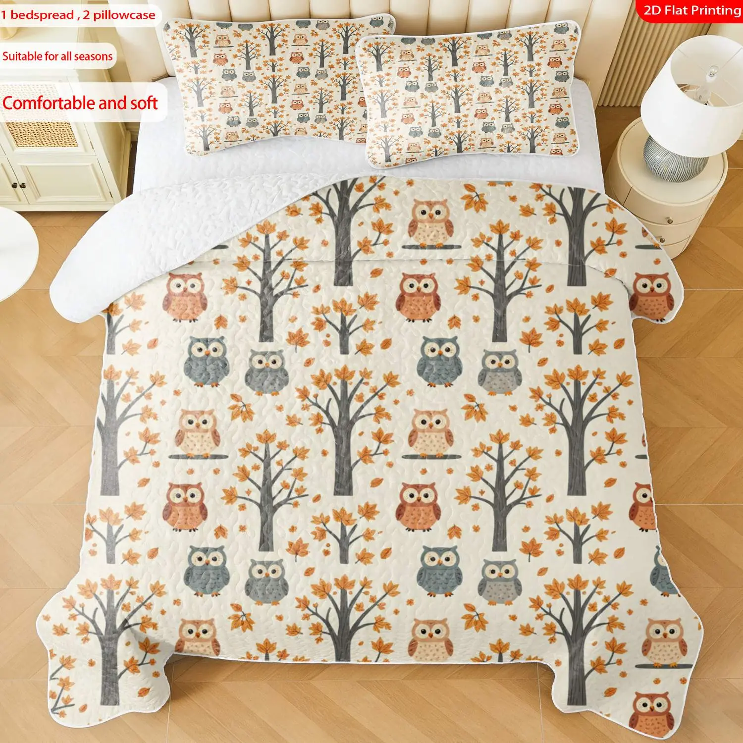 3pcs, 2D flat print Cute Owl & Autumn Tree Pattern Quilted Bedspread Set multiple sizes available, bedding set, festive decorative bedding, ideal for bedroom décor(1 bedspread , 2 pillowcase)