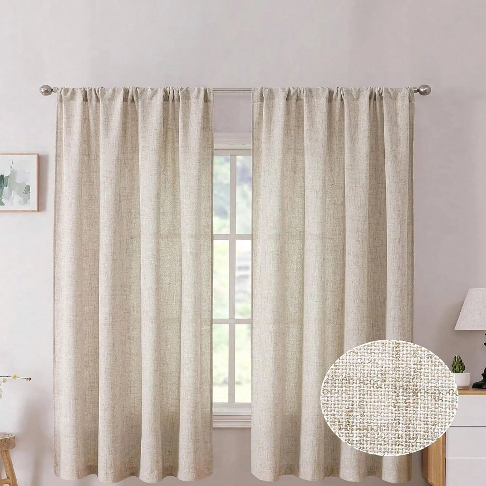 1pc Natural Linen Texture Semi-Blackout Rod-Pocket Window Curtain - Home Decorative Curtain, Linen Weave + Soft Semi-Blackout, Fits Natural-Style Decor, Suitable for Living Room/Bedroom, Rod-Pocket Fits Multi-Rods
