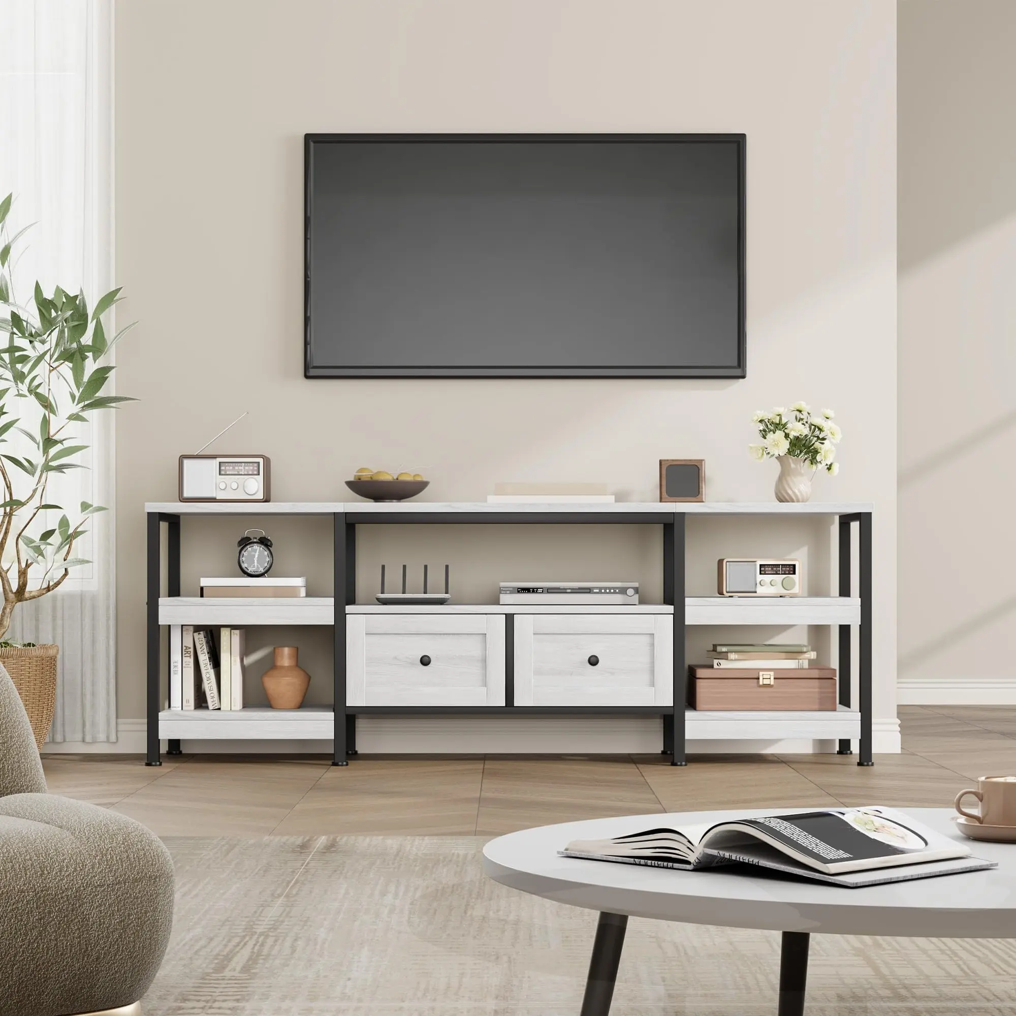 79" Industrial TV Stand with 2 Drawers & Multi-Layer Storage Shelves, Modern Media Console Fits TVs up to 75" – White Entertainment Center for Living Room glass tabletop patio tiles guinea pig wayfair outdoor finds one-push setup canopy tent man door