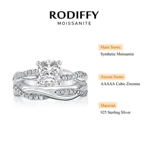 RODIFFY 2.0Ct Synthetic Moissanite Twist Round Cut 2PC Engagement Ring In Sterling Silver