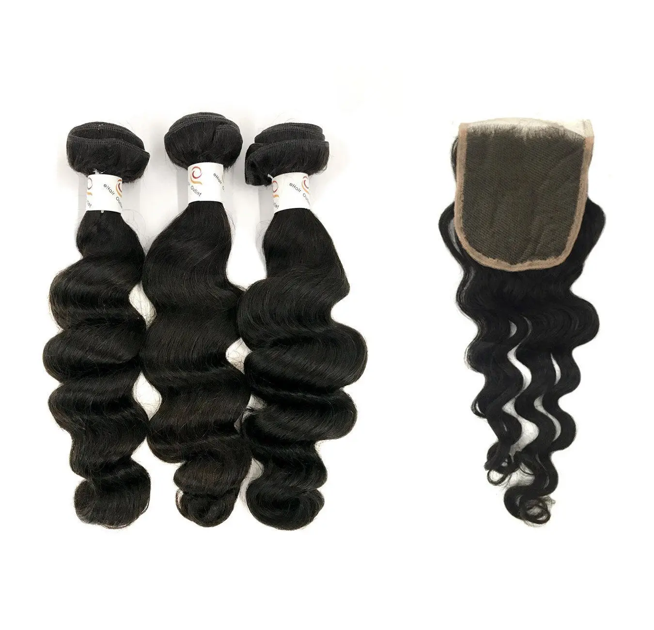 Raw Hair Bundles, 8A Malaysian 3-Bundle Loose Wave Set with 4"X4" Lace Closure
