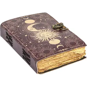 Sun & Moon  Leather Journal for Men & Women 200 Pages of Antique  Deckle Edge  Paper, Leather Sketchbook, Drawing Journal, Printed leather Journal,   (7 x 5 Inch)