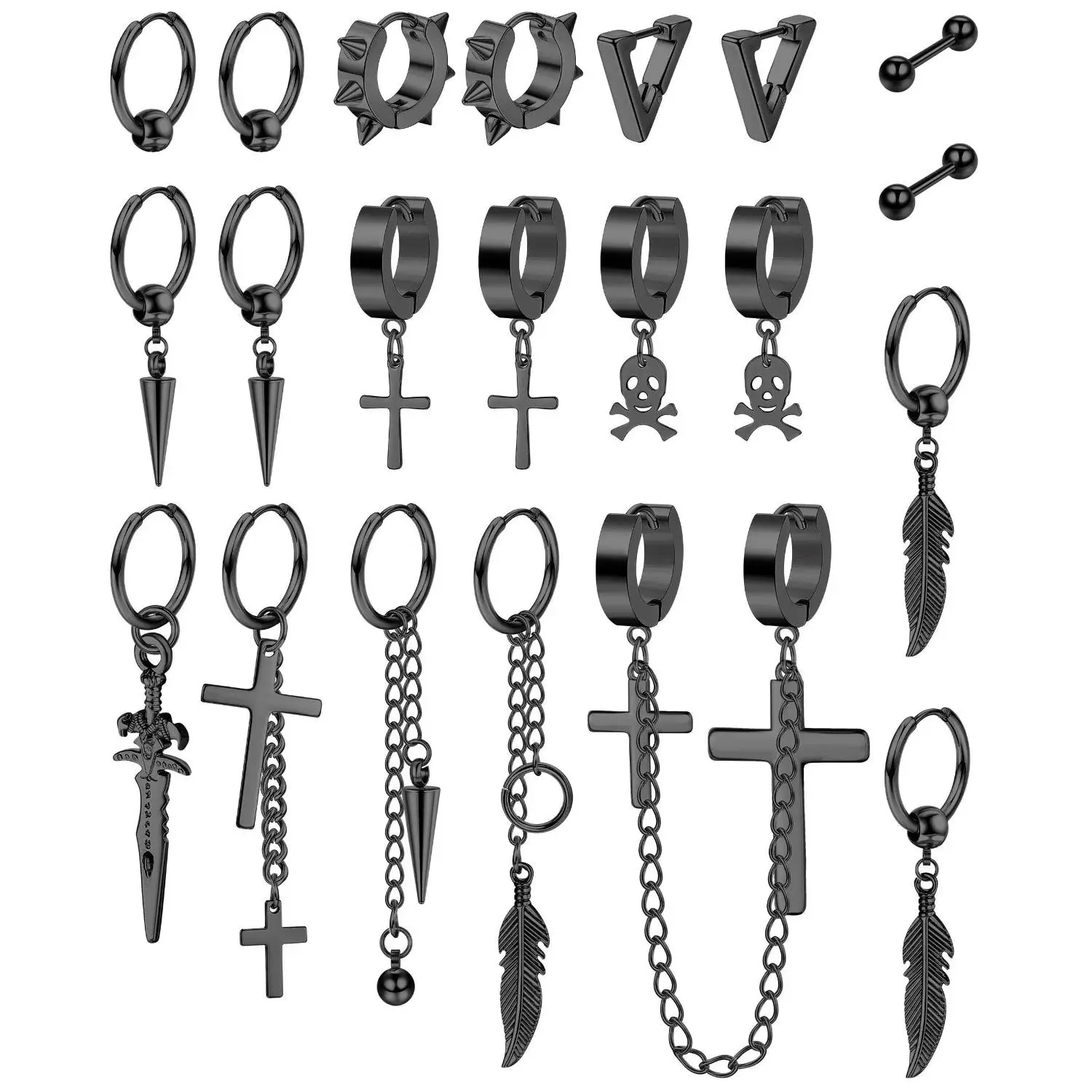 FLORIDECO 21 Pieces Set for Women & Men Flat Pierced Jewelry with Dangle Design Available in Black and Various Metallic Colors Surgical Steel Earrings