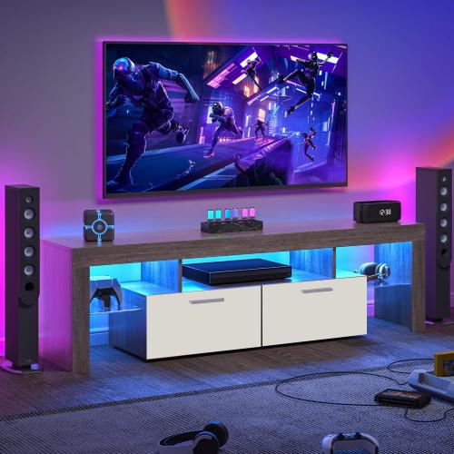 Bellemave DFW Modern LED TV Stand with Large Storage Drawer for 40-75 Inch TVs Brown Wood Farmhouse TV Console with 16 Light Colors & 4 Modes for Living Room & Bedroom