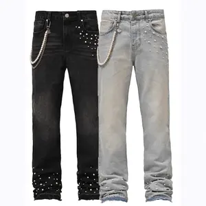 Men's Vintage Washed Bedazzled Denim Jeans - Black Pearl Embellished, Chain Detail, Frayed-Leg, Stacked Fit - Menswear Clothes for Casual, Party Wear