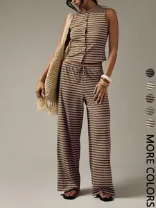 Women's Two Piece Casual Button Through Crop Top And Wide Leg Pants Set Striped Pattern Loungewear Co Ord Summer Beach Vacation Resort Wear Boho Style