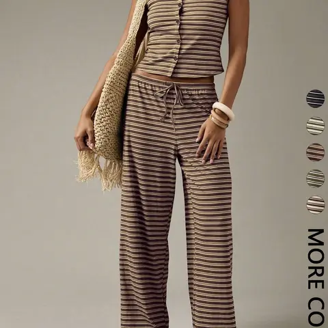 Women's Boho Style Two Piece Casual Button Crop Top and Wide Leg Pants Set, Striped Pattern Loungewear Co Ord, Summer Lounge Sets Beach Vacation Resort Wear, Bohemian, Boho Outfit Sets, Womenswear
