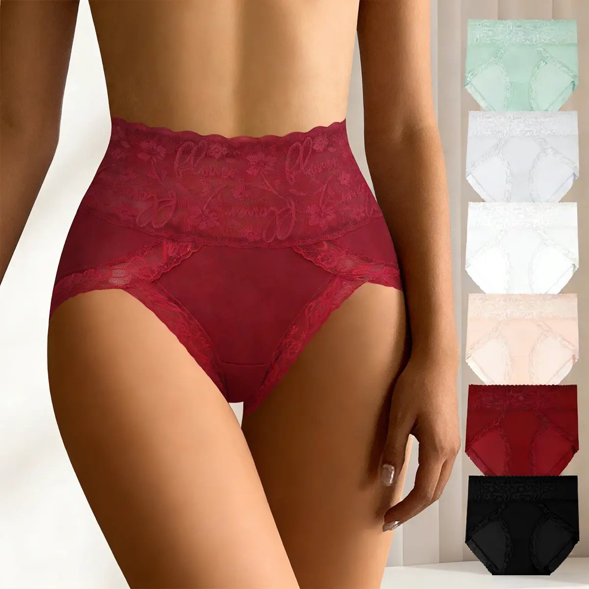 QUASTI 6-Pack Women's High Waist Jacquard Lace Knickers - Breathable Nylon Fabric, High Stretch, Light, Hip Lifting, No-Show, Full Coverage, Anti-Roll Edge, Mix Colors, Elegant Briefs S-XXL